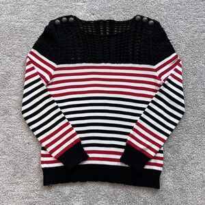 Balmain Paris Striped Open‎ Knit Crewneck Sweater Mens XL Black Red Nautical